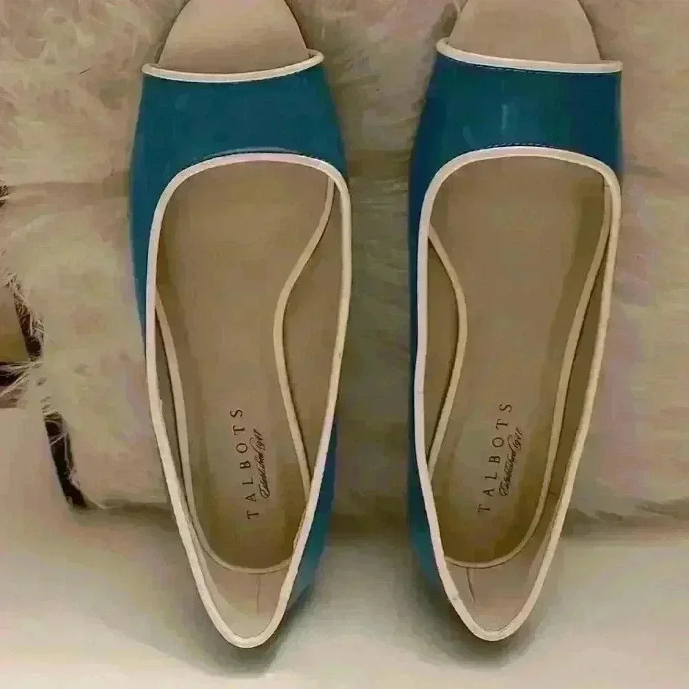 Talbots Teal Blue Patent Leather Upper Open Square Toe Flat Shoes Size 7.5​